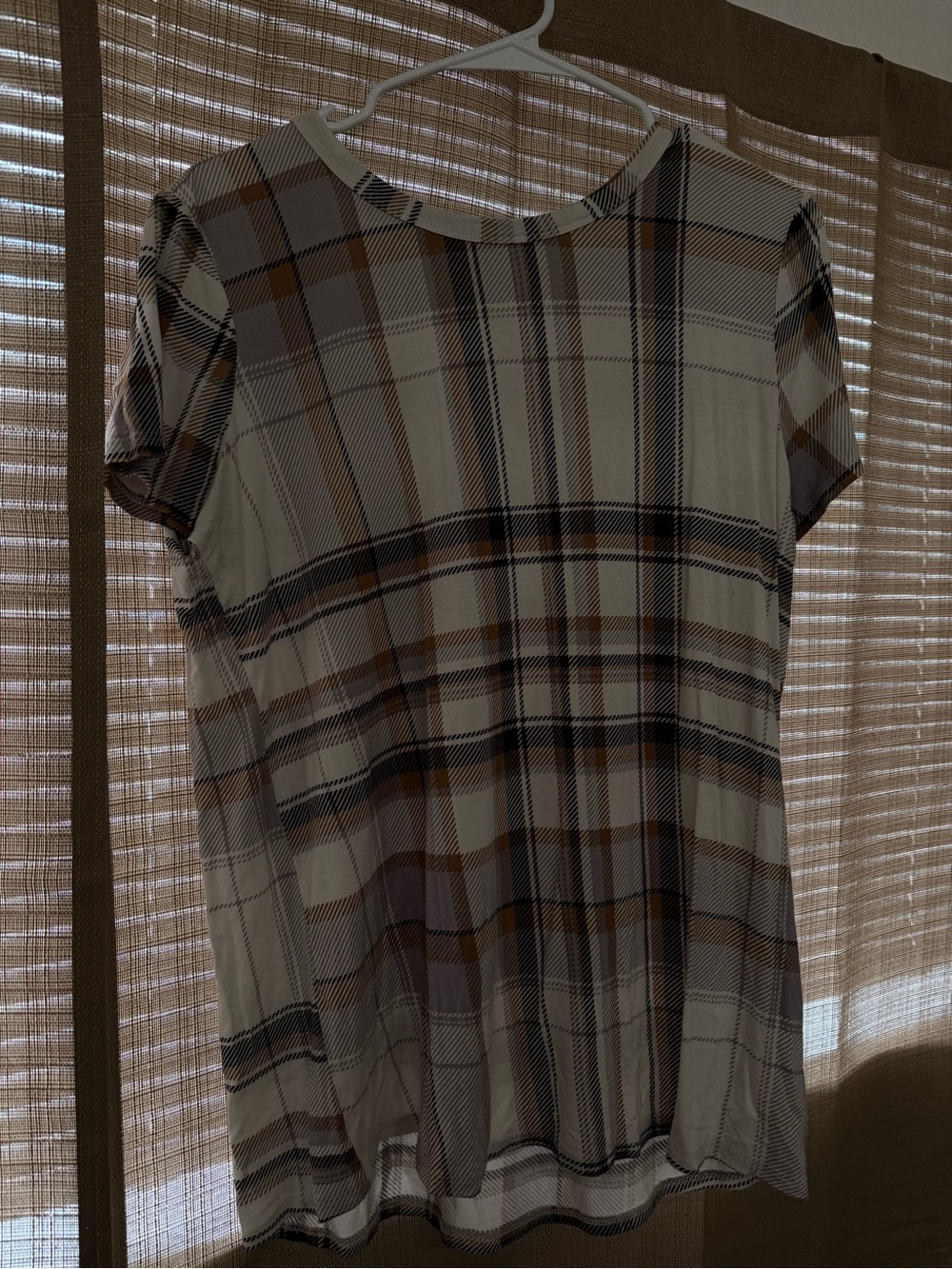 T.J.Maxx Cream Plaid Short-Sleeve Tee with Brown and Black Stripes